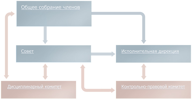 Схема связей общего собрания членов, совета, исполнительной дирекции, дисциплинарного и контрольно-правового комитетов